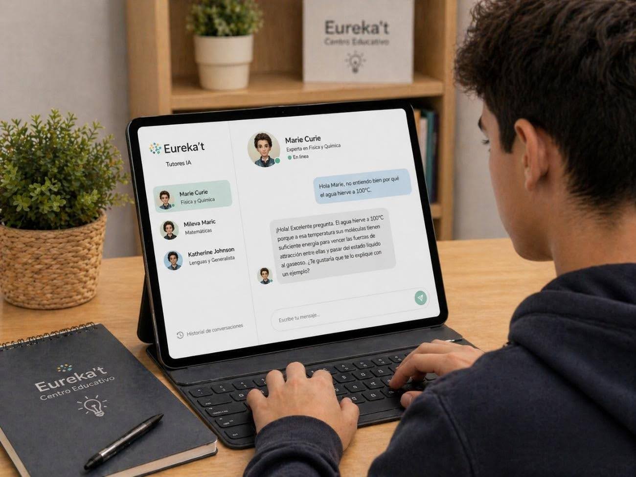 Estudiante usando Eureka’t Thinking IA en tableta: interfaz de Eureka’t Tutores IA con chat pedagógico.